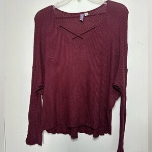 Alya Deep Red Long Sleeve V-Neck Top